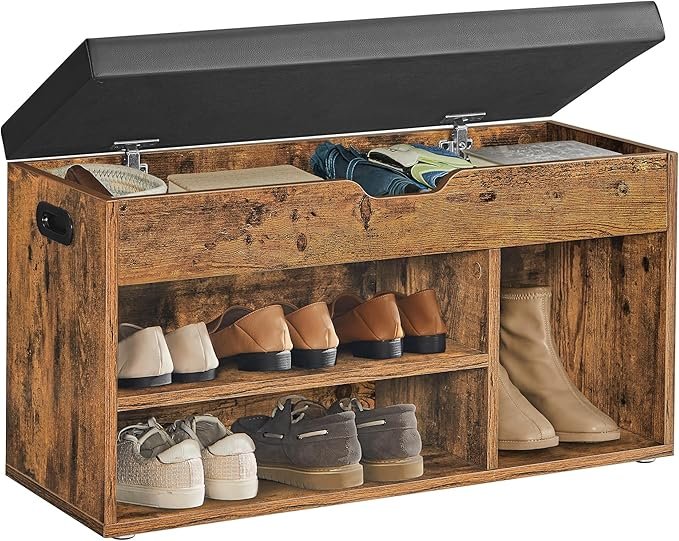 Stylish VASAGLE CUSTOS Storage Bench with Cushion – Perfect Hidden Shoe Bench for Entryway, Rustic Brown & Black 5 VASAGLE CUSTOS Collection - Storage Bench with Cushion, Shoe Bench, Padded Seat, Hidden Storage