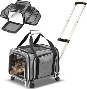 Airline Approved Expandable Premium Pet Carrier on Wheels- Two Sided Expandable Rolling Carrier- Designed for Dogs & Cats- Extra Spacious Soft Lined Carrier