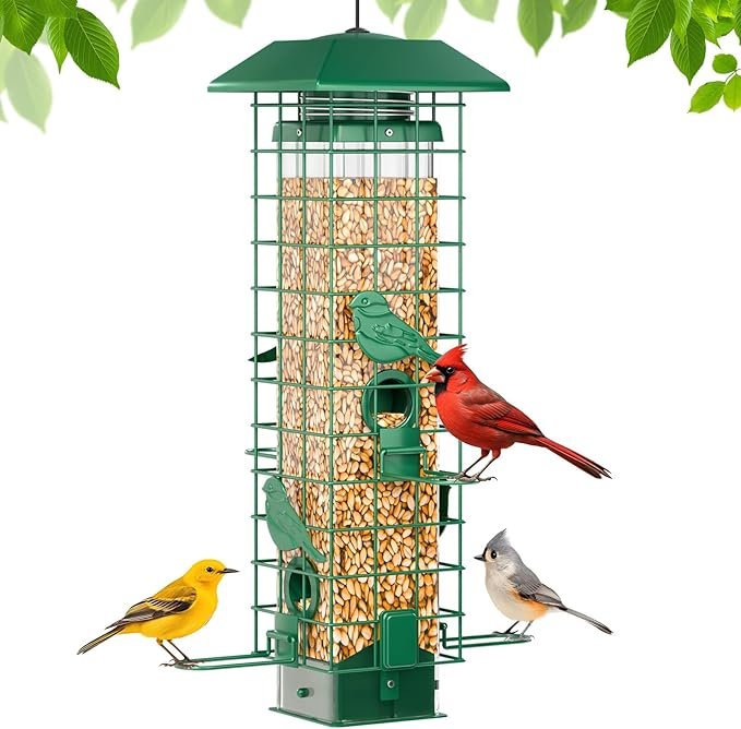Squirrel-Proof Metal Bird Feeder – Smart, Weight-Activated 4-Port Feeder for Happy Birds 2 Squirrel Proof Bird Feeder, Metal Bird Feeders for Outdoors Hanging, Weight Activated, 3Lb Capacity, 4 Ports, All-Weather Tube Bird Feeder for Outside, Cardinal Finch Bluebird Wild Bird Feeder