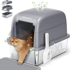 Meowant Stainless Steel Cat Litter Box, Extra Large 3-in-1 Enclosed Open Top Metal Litter Box with Lid, Odorless Cat Litter Pan with High Sides for Big Cats, Non-Sticky, Anti-Leakage, Easy Cleaning