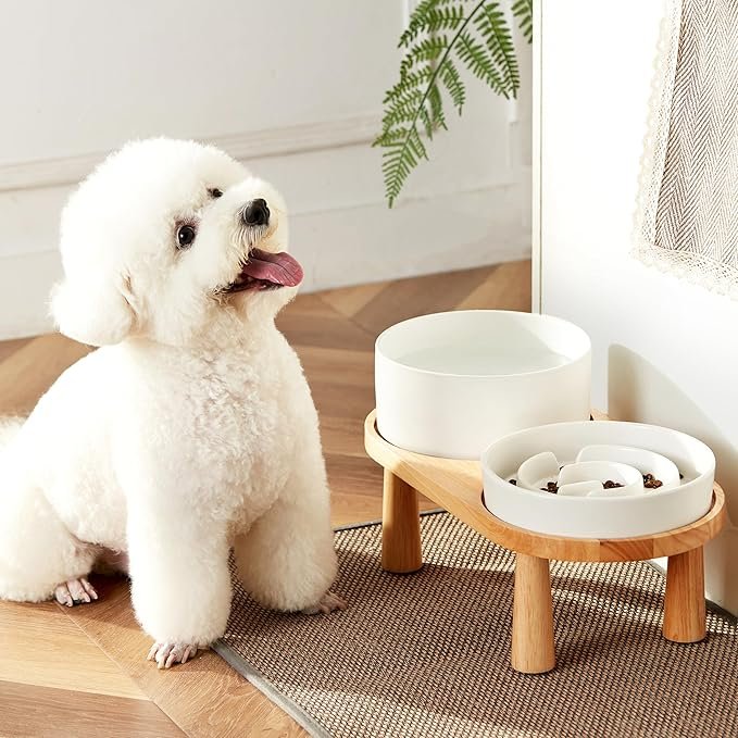 Ceramic Dog Slow Feeder & Water Bowl Set with Stand 1 Ceramic Slow Feeder and Water Bowl Set for Medium and Large Dogs, Ceramic Dog Bowls Elevated with Wooden Stand, 2.0 Cups Dog Slow Feeder(30oz) and 70oz Water Bowl Set, White